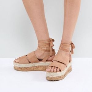 Lost Ink Natural Beige Ankle Tie Flatform Sandals